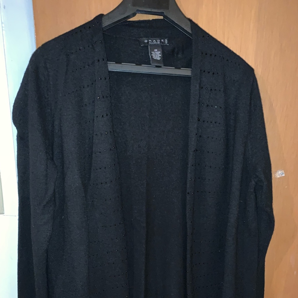 Black, open-front cardigan. Size 2x